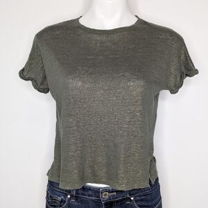 Monoprix Green Gold Shimmer Short Sleeve Linen Knit T-shirt S